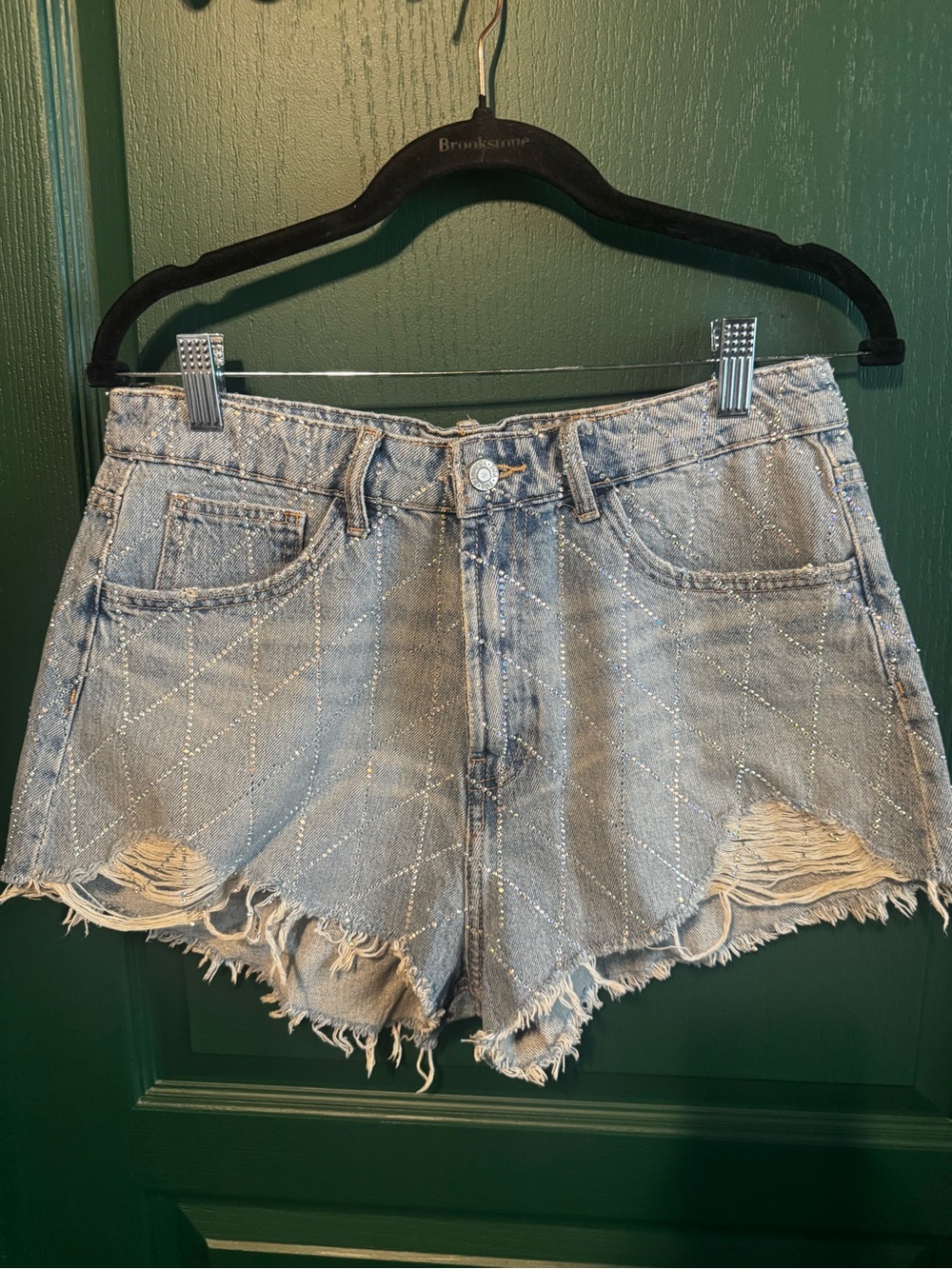 Zara Distressed Light Blue Denim Shorts with rhinestone detail